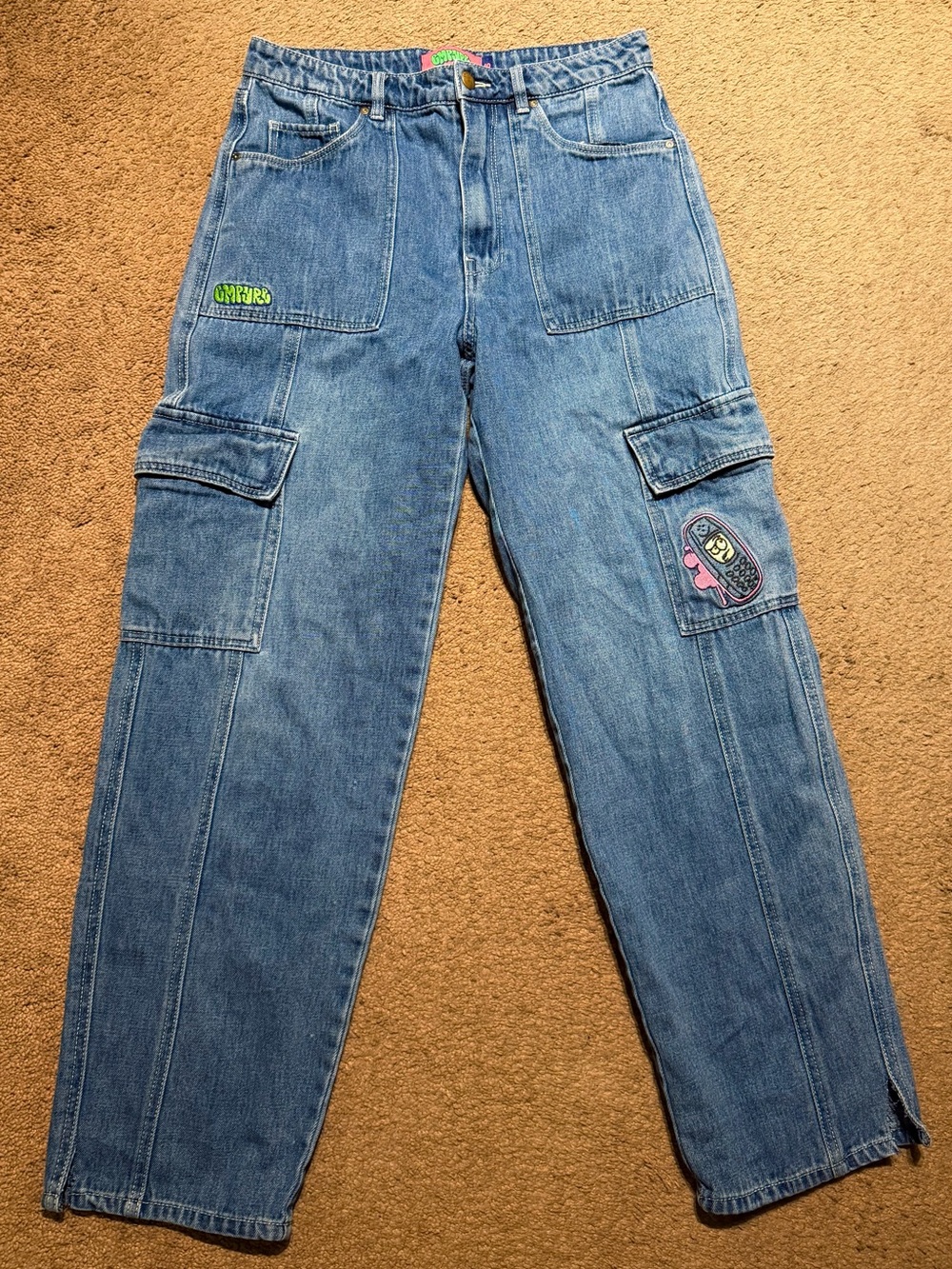 Empyre Y2K Cargo Jeans Wide Leg Skater Graffiti Patches Baggy Grunge Women's 10